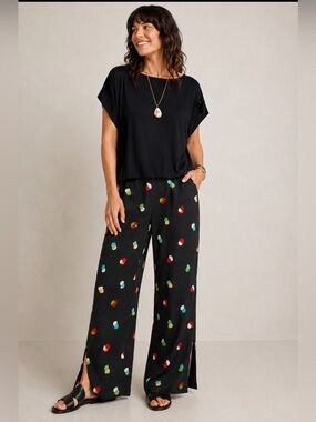 BL^NK London Black Wide Leg Pants Colorful Abstract Dot Print Boho Artsy NWOT